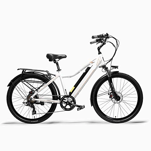 Mountain bike elettriches : LANKELEISI Pard3.0 26" Bicicletta elettrica, Bici da Città da 300W, Forcella Ammortizzata a Molla a Olio, Bicicletta di Assistenza al Pedale, Lunga Durata (White, 15Ah)