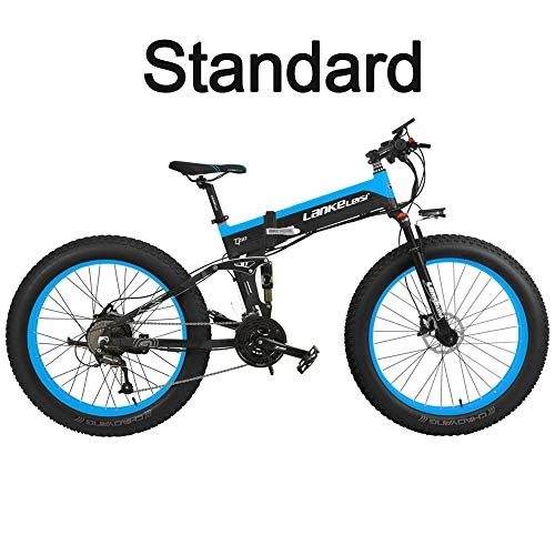 Mountain bike elettriches : LANKELEISI T750Plus 27 Speed 26 * 4.0 Fat Bike, Bici elettrica Pieghevole Pieghevole 500W 48V 10Ah, Batteria al Litio Nascosta, Bicicletta da Neve a Sospensione Completa (Nero Blu, 500W Standard)