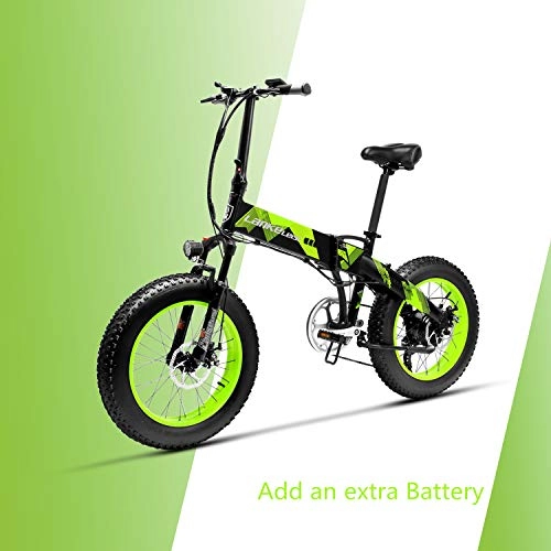 Mountain bike elettriches : LANKELEISI X2000 48V 500W 10.4AH 20 x 4.0 Pollici Fat Tire 7 velocità con Shimano Shifting Lever Bici elettrica Pieghevole, per Mountain Bike Bici da Neve (Verde + 1 Batteria supplementare)