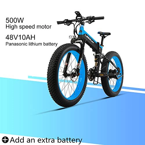 Mountain bike elettriches : LANKELEISI XT 750 Plus 48V10AH 500W Motore Nuovo Bici elettrica 26 '' 4.0 all'Ingrosso Tiro Ebike 27 velocità Neve MTB Pieghevole Bici elettrica (Blu+1 Batteria supplementare)