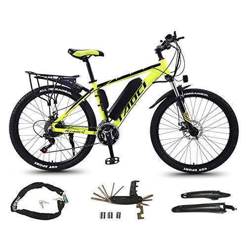 Mountain bike elettriches : Mountain Bike per Bici Elettrica, Pneumatici 26" Ebike Bici Elettrica per Bici con Motore Brushless da 350 W E Batteria al Litio 36 V 8 Ah 27 / 9 velocità, Yellow1, 13Ah80Km