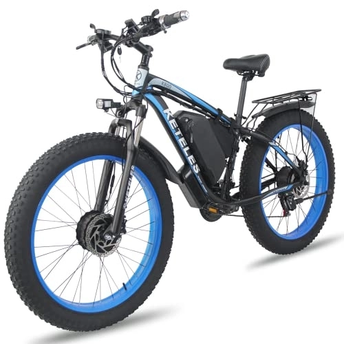 Mountain bike elettriches : NF Bicicletta elettrica da 26 pollici, motoslitta con pneumatici larghi 4.0, mountain bike, ATV, dotata di doppio motore anteriore e posteriore, batteria Samsung 48V23Ah, adatta per adulti (blu)