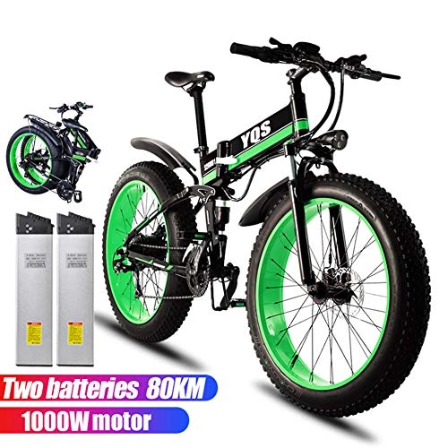 Mountain bike elettriches : Qnlly Bicicletta elettrica 1000W 80 KM 4.0 Fat Tire Snow Mountain Bike Ebike Bicicletta elettrica Ebike 48V Bicicletta elettrica (2 batterie), Verde
