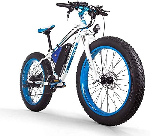 Mountain bike elettriches : RICH BIT Bici elettrica 1000W RT022 E-Bike 48V * 17Ah Li-batteria 4.0 pollici grasso pneumatico da uomo bici da spiaggia adatta per 165-195 cm (White-Blue)