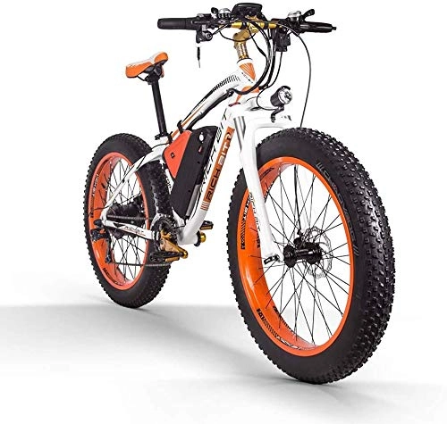 Mountain bike elettriches : RICH BIT Bici elettrica 1000W RT022 E-Bike 48V * 17Ah Li-batteria 4.0 pollici grasso pneumatico da uomo bici da spiaggia adatta per 165-195 cm (White-Orange)