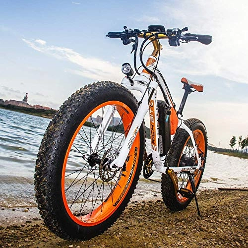 Mountain bike elettriches : RICH BIT TOP-022 Bici elettrica mountain bike, e-bike con pneumatici grassi da 26" con batteria al litio 48V 17Ah, Shimano 21 marce (arancia)