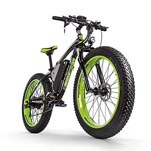 Mountain bike elettriches : RICH BIT TOP-022 Bici elettrica mountain bike, e-bike con pneumatici grassi da 26" con batteria al litio 48V 17Ah, Shimano 21 marce (verde scuro)