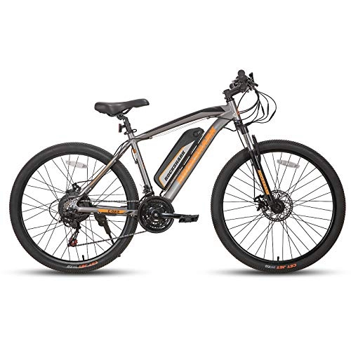 Mountain bike elettriches : ROCKSHARK Bicicletta elettrica telaio in alluminio da 26 pollici, 350 W, cambio Shimano a 21 marce, forcella ammortizzata con batteria da 36 V, 10, 4 Ah, telaio da 17", colore: grigio