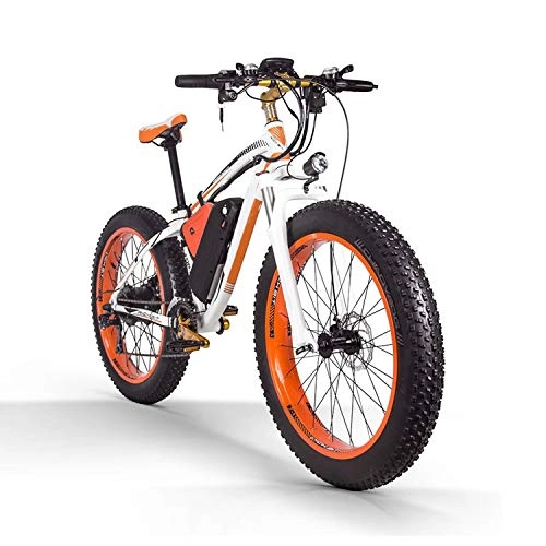 Mountain bike elettriches : Sea blog - Bicicletta elettrica da montagna, 26 pollici, con batteria agli ioni di litio ad alta capacità (48 V 16 Ah 1000 W), bicicletta elettrica 21 velocità, sospensione completa, White+orange