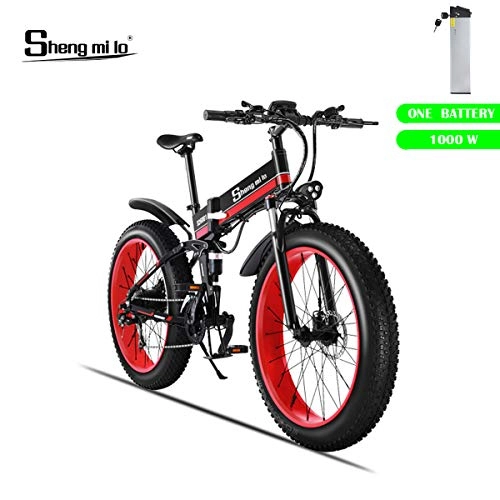 Mountain bike elettriches : Shengmilo Bici Pieghevole elettrica, 26 Pollici Mountain Snow E-Bike, Shimano 21 velocità, Freno XOD, 1 pz Batteria al Litio 48V / 13Ah Inclusa (MX01) (Rosso)