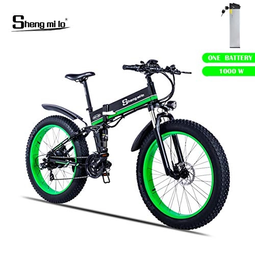 Mountain bike elettriches : Shengmilo Bici Pieghevole elettrica, 26 Pollici Mountain Snow E-Bike, Shimano 21 velocità, Freno XOD, 1 pz Batteria al Litio 48V / 13Ah Inclusa (MX01) (Verde)