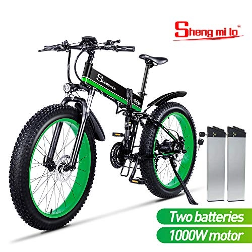 Mountain bike elettriches : Shengmilo MX01 Freno a Disco Idraulico da Mountain Bike Elettrico da 1000W con Batteria da 21Speeds 13AH (Verde(2 batterie))