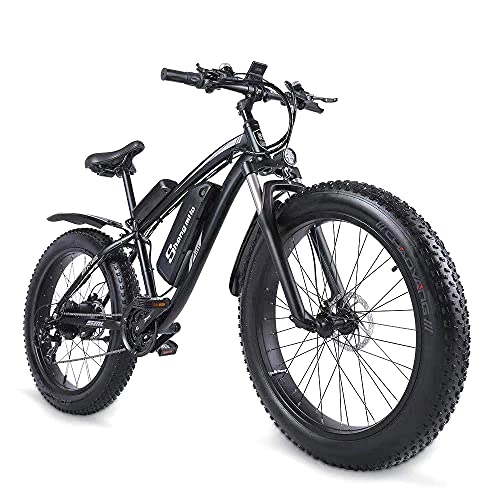 Mountain bike elettriches : Shengmilo-MX02S Bici elettrica con pneumatici spessi da 26 pollici, bici elettrica da montagna da neve con trasmissione Shimano a 7 velocità, pedalata assistita, freno a disco idraulico