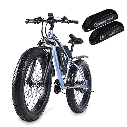 Mountain bike elettriches : Shengmilo-MX02S Bici elettriche con pneumatici spessi da 26 pollici, Mountain bike, Shimano 7 velocità, pedalata assistita, freno a disco idraulico (Blu-Due batterie)