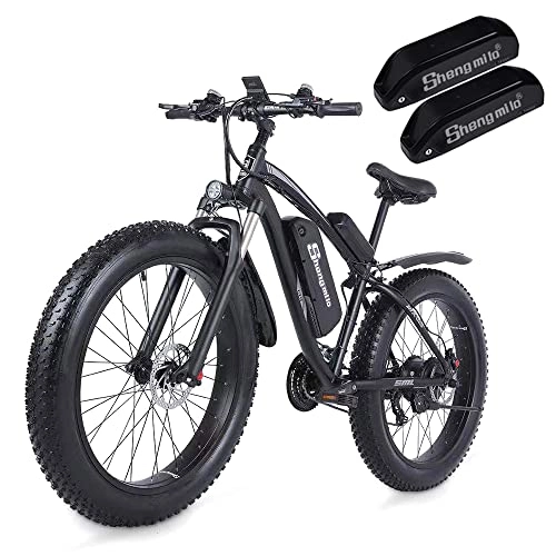 Mountain bike elettriches : Shengmilo-MX02S Bici elettriche con pneumatici spessi da 26 pollici, Mountain bike, Shimano 7 velocità, pedalata assistita, freno a disco idraulico(Nero-Due batterie)