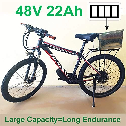 Mountain bike elettriches : SMLRO 26" Bicicletta a pedalata assistita della Lega di Alluminio della 48V 500W, Bici elettrica di 27 velocit, Mountain Bike, adotta i Freni a Disco dell'olio, Pedelec. (22Ah Black Red)