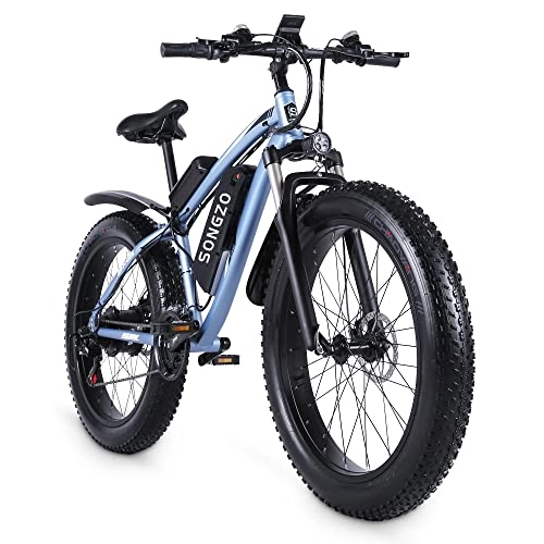 Mountain bike elettriches : SONGZO Bici elettrica per adulti Bici elettrica da città da 26 pollici con batteria al litio 48V17AH, cambio Shimano 3×7 e paddle