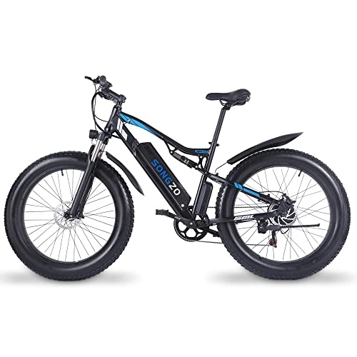 Mountain bike elettriches : SONGZO Bicicletta Elettrica per adulti 26 pollici Fat tire Mountain Bike Elettrica con Batteria agli ioni di Litio 48V 17AH e Doppi Ammortizzatori