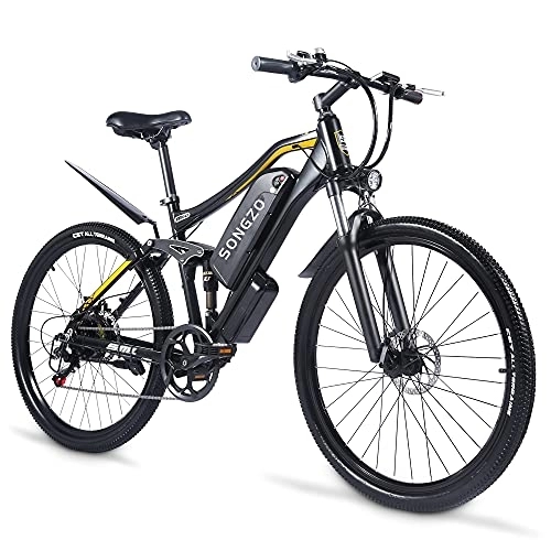 Mountain bike elettriches : SONGZO Electric Mountain Bike Bici Elettrica da 27, 5 pollici con Batteria al litio 48V15AH, bici Elettrica per adulti Shimano a 7 velocità e Doppi Ammortizzatori