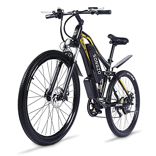 Mountain bike elettriches : SONGZO Mountain Bike Elettriche da 27, 5 pollici Bicicletta Elettrica con Batteria Agli ioni di Litio da 48 V 17 Ah, Bici Elettrica Shimano 7 Velocità per Adulti