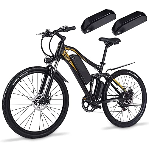 Mountain bike elettriches : Vikzche Q M60 - Bicicletta elettrica da 27, 5 cm con batteria al litio rimovibile da 48 V / 15 Ah, sospensione completa, Shimano City eBike a 7 velocità da 500 W (TWO BATTERIES)