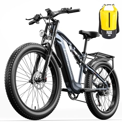 Mountain bike elettriches : VLFINA Mountain bike elettrica per adulti da 26'', motore BAFANG a sospensione completa 48V17.5AH batteria rimovibile a lungo raggio, ebike con sedile e pedali, Grigio, XL