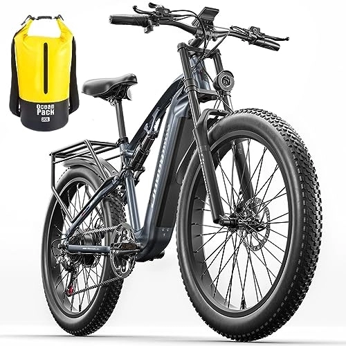 Mountain bike elettriches : VLFINA MX05 Mountain bike elettrica per adulti, motore BAFANG 48 V 17, 5 AH batteria a lunga durata, pneumatici grassi da 26 pollici, bici elettrica a sospensione completa