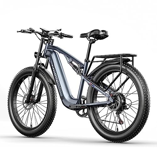 Mountain bike elettriches : VOZCVOX 26" Bicicletta elettrica per Adulti Bicicletta elettrica da montagna Fat E Bike, doppia sospensione, batteria rimovibile 48V17.5AH, 7 velocità, display LCD, Ebike per Uomini