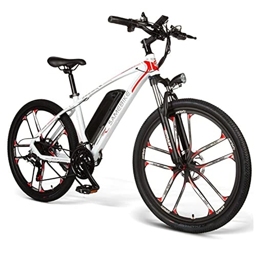 Mountain bike elettriches : ZWHDS Bicicletta elettrica da 26 Pollici-4 8V 8AH. Bicicletta a velocità variabile Leggera, Motore ad Alta Potenza da 350W, IP64 Impermeabile 30 km / h, più Piani di Guida (Color : White)