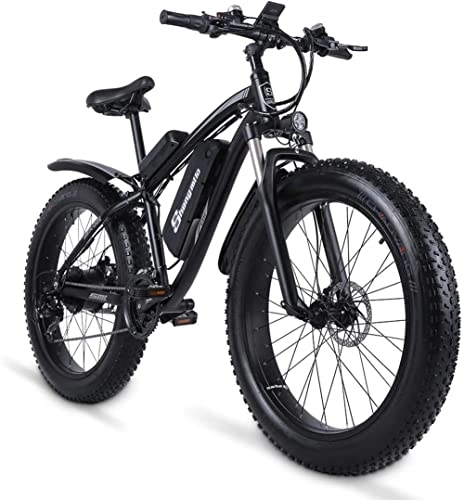 Mountain bike elettriches : 通用 Bici elettrica SAIWOO 26 inch, Bici da neve con pneumatici larghi 4.0, MTB, ATV, dotata di Shimano 7 velocità, freno idraulico, adatta per adulti Nero