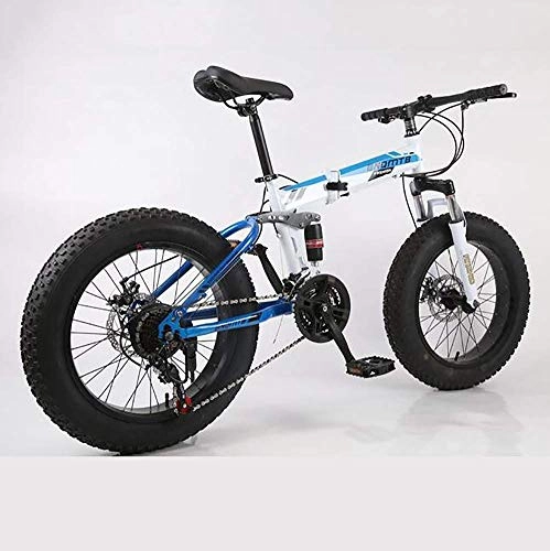 Mountain Bike pieghevoles : AFDK Mtb 20" 21 Mountain Fat biciclette in acciaio Sospensione Telaio 24 27 Double Disc velocità 4" Wheel Neve Bike Folding Tyre alluminio, blu e bianco, 21 velocità