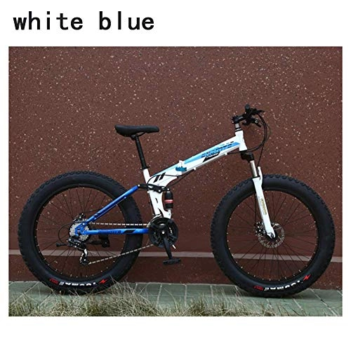 Mountain Bike pieghevoles : AYHa Folding motoslitta, doppio freno a disco da 26 pollici di montagna adulto 4, 0 Fat Bike Tires 21 / 24 / 27 / 30 Velocità doppio assorbimento di scossa in alluminio Ruote, bianco blu, 21 velocità