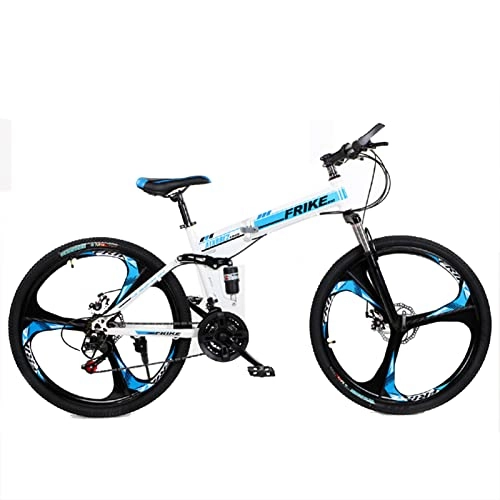 Mountain Bike pieghevoles : AZXV Bici da Montagna Pieghevole, Bicicletta MTB in Acciaio ad Alta Carbonio a Sospensione Intera, 21 velocità, Ruota da 26 Pollici, Dual Disc Brake Antiscivolo, per adul White Blue