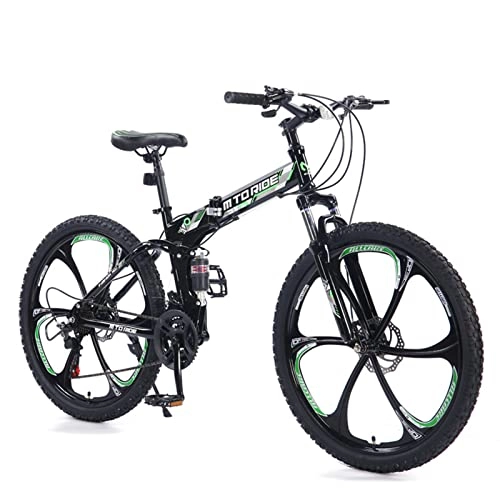 Mountain Bike pieghevoles : AZXV Bike Pieghevole Bike in Acciaio al Carbonio Bici in Acciaio ad Alta Carbonio, Dual Dual DOP-Freni Meccanici Spostamento Ammortizzatore Bicicletta MTB, 21 velocità, 6 Black Green
