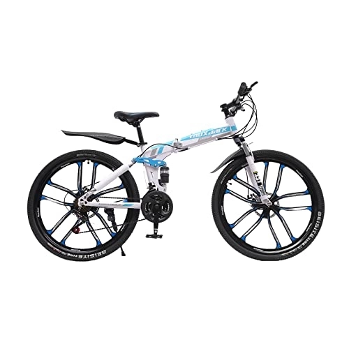Mountain Bike pieghevoles : Bicicletta pieghevole da 26 pollici, cambio a 21 marce, mountain bike, per adulti, doppio assorbimento degli urti, per ragazzi, blu e bianco
