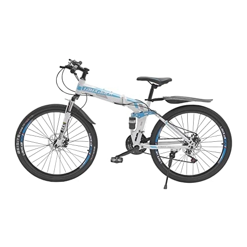 Mountain Bike pieghevoles : Bicicletta pieghevole portatile da 26 pollici, 21 velocità, pieghevole, per sport all'aria aperta, con freni a doppio disco, bicicletta leggera in acciaio al carbonio per uomo e donna (blu e bianco)