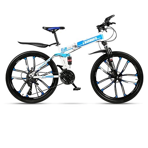 Mountain Bike pieghevoles : DSAQAO 24 Pollici Folding Mountain Bike, Sospensioni Complete MTB Bikes 21 24 27 30 Speed Disc Bicycle per Adulti Adolescenti Studente Bianco-Blu 27 velocità
