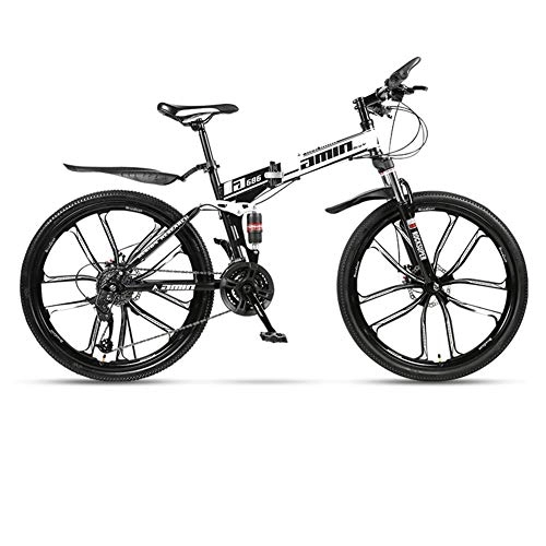 Mountain Bike pieghevoles : DSAQAO 24 Pollici Folding Mountain Bike, Sospensioni Complete MTB Bikes 21 24 27 30 Speed Disc Bicycle per Adulti Adolescenti Studente Nero-Bianco 24 velocità