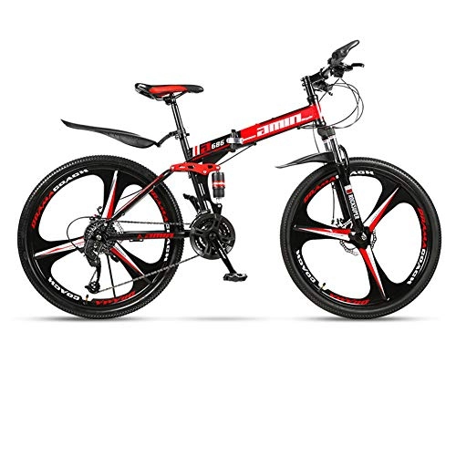 Mountain Bike pieghevoles : DSAQAO Biciclette MTB A Sospensione Completa, 3 Spoke Folding Mountain Bike 24 Pollici 21 24 27 30 Speed Disc Bicycle per Adolescenti Adulti Nero-rosso1 21 velocità