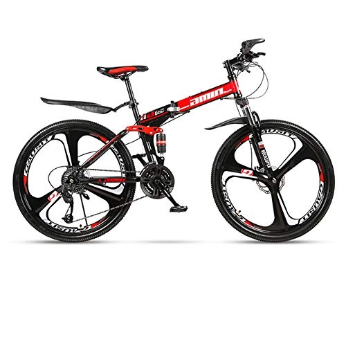 Mountain Bike pieghevoles : DSAQAO Biciclette MTB A Sospensione Completa, 3 Spoke Folding Mountain Bike 24 Pollici 21 24 27 30 Speed Disc Bicycle per Adolescenti Adulti Nero-rosso2 30 velocità