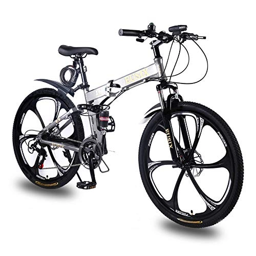 Mountain Bike pieghevoles : EUSIX X9 26 '' Mountain Bike Bicicletta da Uomo Pieghevole con Telaio in Alluminio da Donna con Sospensione e Cambio a 21 velocit (Grigio)