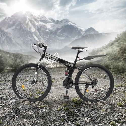 Mountain Bike pieghevoles : LOYEMAADE Bicicletta pieghevole da 26 pollici, unisex, con freni a disco a 21 marce, con forcella anteriore ammortizzata