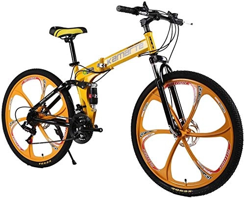 Mountain Bike pieghevoles : LYQZ Robusto Folding Bike Mountain Bici Adulta 26 Pollici 21 velocit d'urto Freni a Disco Doppio Student Biciclette Assault Bici Pieghevole Auto (Color : Yellow)