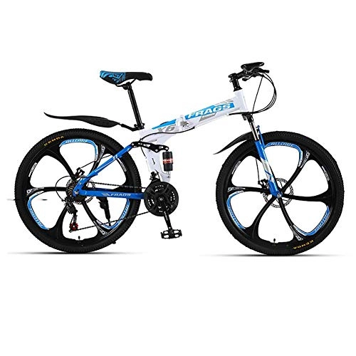 Mountain Bike pieghevoles : Mountain bike, biciclette in acciaio al carbonio pieghevole, velocità a velocità variabile Bicicletta per adulti, ruota integrata da 6 coltelli, 21 velocità Bike MTB, 26 in, Bianco Blu jianyou