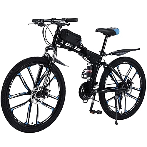Mountain Bike pieghevoles : Mountain bike pieghevole da 26 pollici, con doppio assorbimento degli urti, telaio in fibra di carbonio con borsa per bicicletta, freni a disco, bici a sospensione completa perfetta (blu)