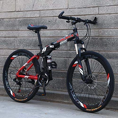 Mountain Bike pieghevoles : N&I Bicycle 26 inch Folding Mountain Bike for Adult Men And Women High Carbon Steel Dual Suspension Frame Mountain Bicycle Steel Disc Brake Red 24 Speed White 24 Speed