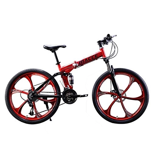 Mountain Bike pieghevoles : PXQ A26Inch24S - Mountain bike pieghevole per adulti 21 / 24 / 27 velocità, doppio ammortizzatore, 24 / 26", con telaio posteriore morbido ad alto tenore di carbonio, rosso, A26Inch24S