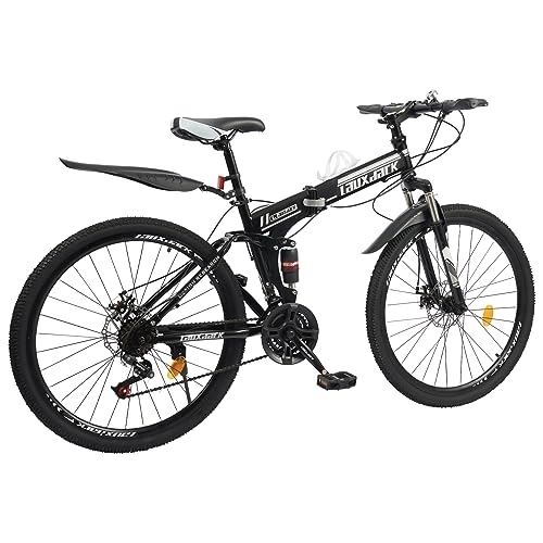 Mountain Bike pieghevoles : RANZIX Bicicletta pieghevole da 26", 21 marce, regolabile con doppio freno a disco, pieghevole, in acciaio al carbonio, carico 120 kg, per 1, 6 – 1, 8 m (nero e bianco)