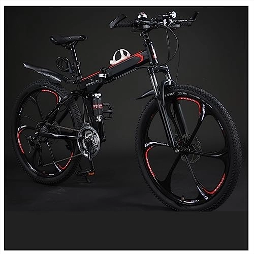 Mountain Bike pieghevoles : SLDMJFSZ 24 pollici bici pieghevole in acciaio al carbonio, freni a doppio disco anteriori posteriori, velocità 21 / 24 / 27 / 30, ruota a 6 razze, in grado di supportare 150 kg, Black red, 21speed