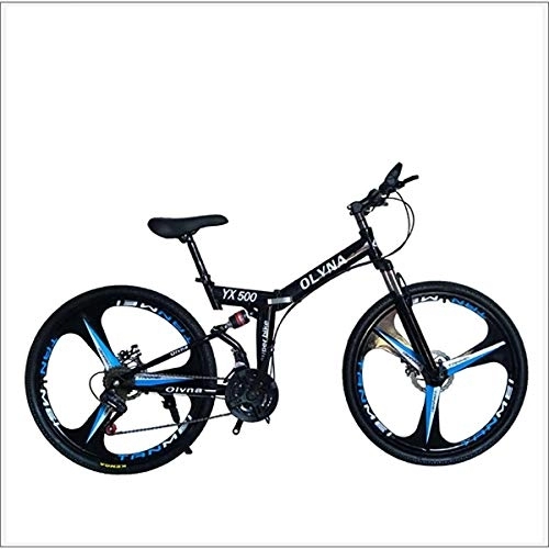 Mountain Bike pieghevoles : XER Mountain Bike 21 / 24 / 27 / 30 velocità Steel Frame 26 Pollici a 3 Razze Ruote Doppia della Sospensione Folding Bike, Nero, 24 Speed